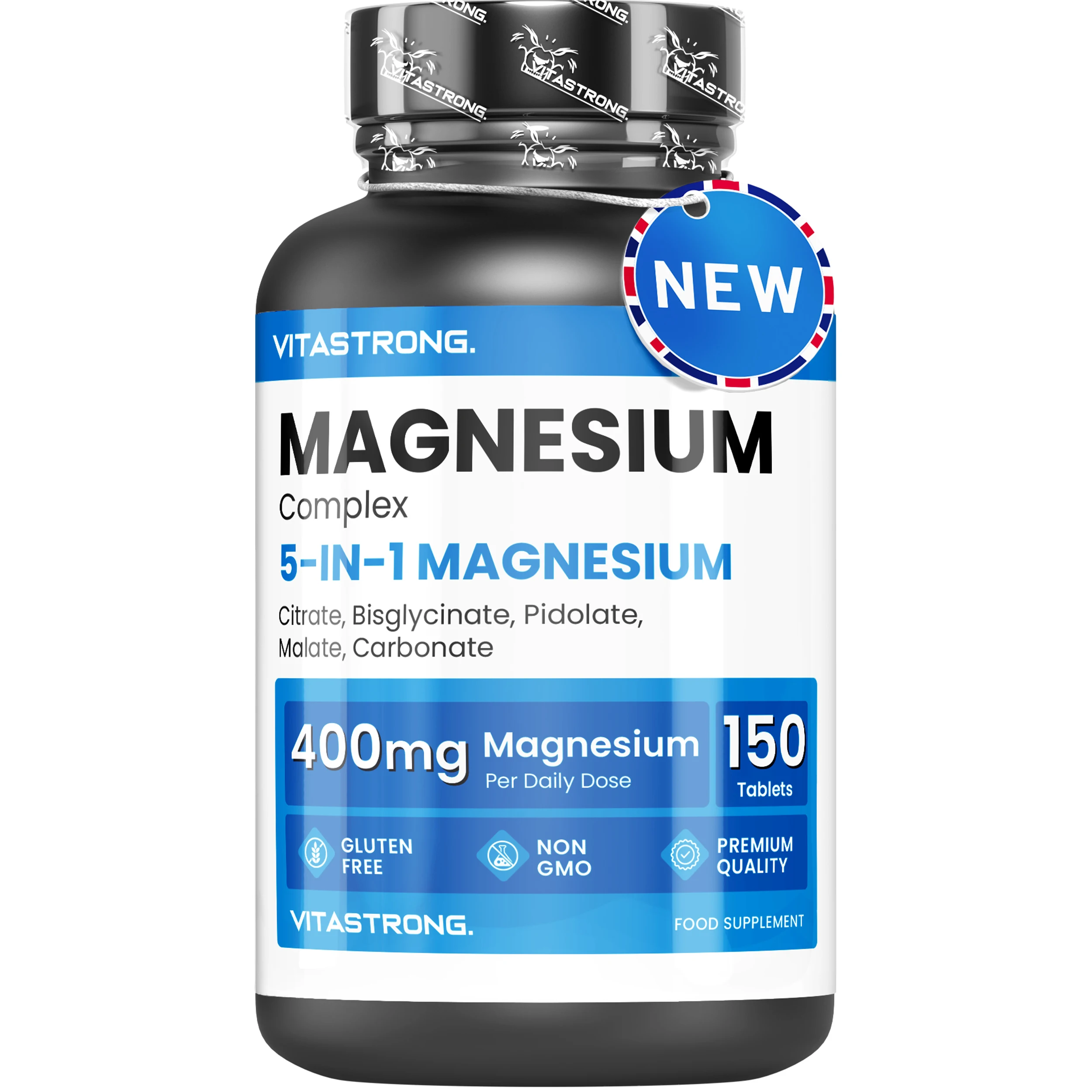 Vitastrong Magnesiumkomplex 400 mg – 5-in-1 Magnesium-Magnesium-Boglycinat + Magnesiumcitrat + Pidolat + Kranke und Karbonat-Magnesium-Ergänzungsmittel Magnesium-Antistress Image