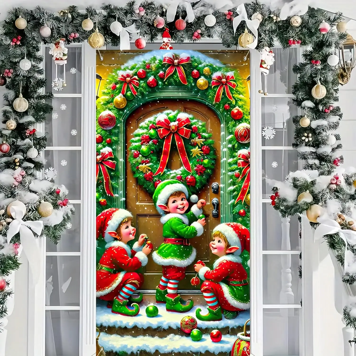 Weihnachtsfeier-Dekorationen – Elfen-Türabdeckung, Banner-Requisiten für Feiertagsfeiern im Innen- und Außenbereich – 71 x 35 Zoll Image