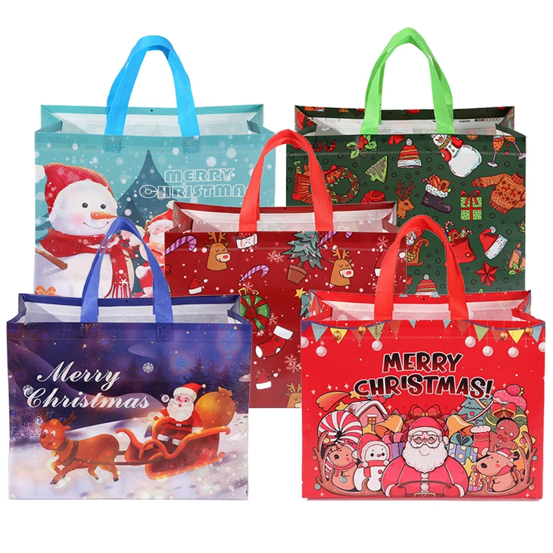 5 Stück Weihnachtsgeschenk-Tragetaschen für Kinder, Partyzubehör, 33 x 25 x 17 cm, Schneemann-Verpackung, Süßigkeiten-Geschenktasche, wiederverwendbar, Vliesstoff, TMZ Image