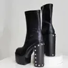 Aneikeh Nieten Ultra High Heels Plattform Stiefeletten Mode Reißverschluss Kurze Booties Komfort Elastische Weiche Leder Oberfläche Frauen Schuh