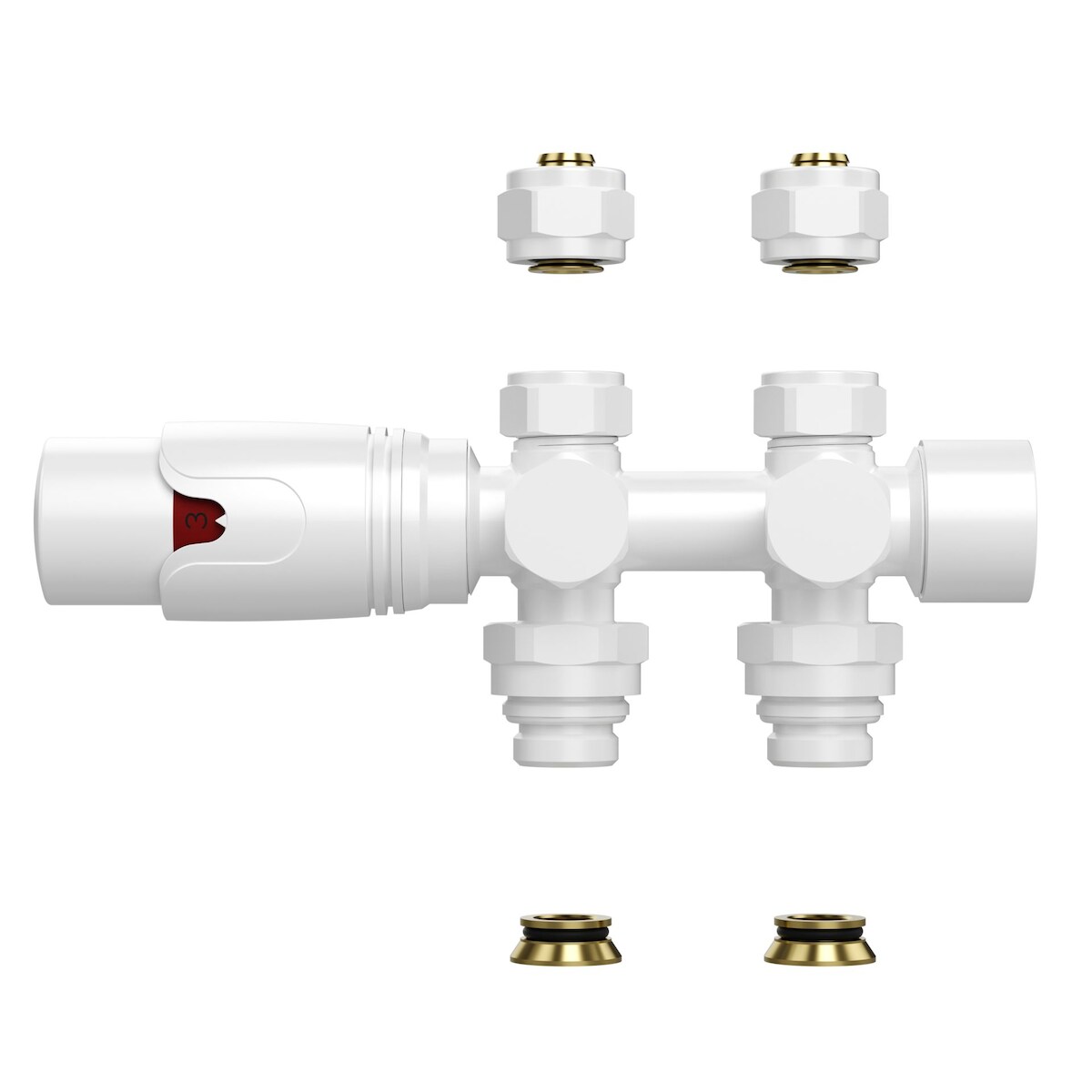 Belvit Design Heizkörperventil Thermostat Weiß glänzend für Wand- und Bodenanschluss 1/2" PEX 16 x 2mm Konus M30 Image