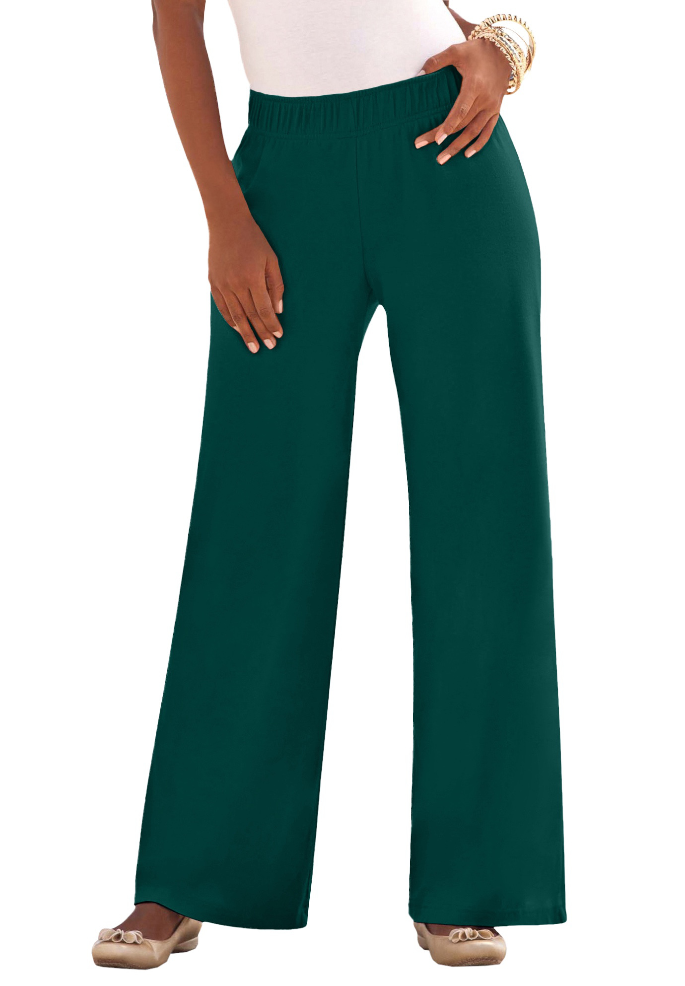Plus Size Women's Plus Size Pull-On Wide Leg Soft Knit Pant by Roaman's in Emerald Green (Size 2X) Pull On Elastic Waist