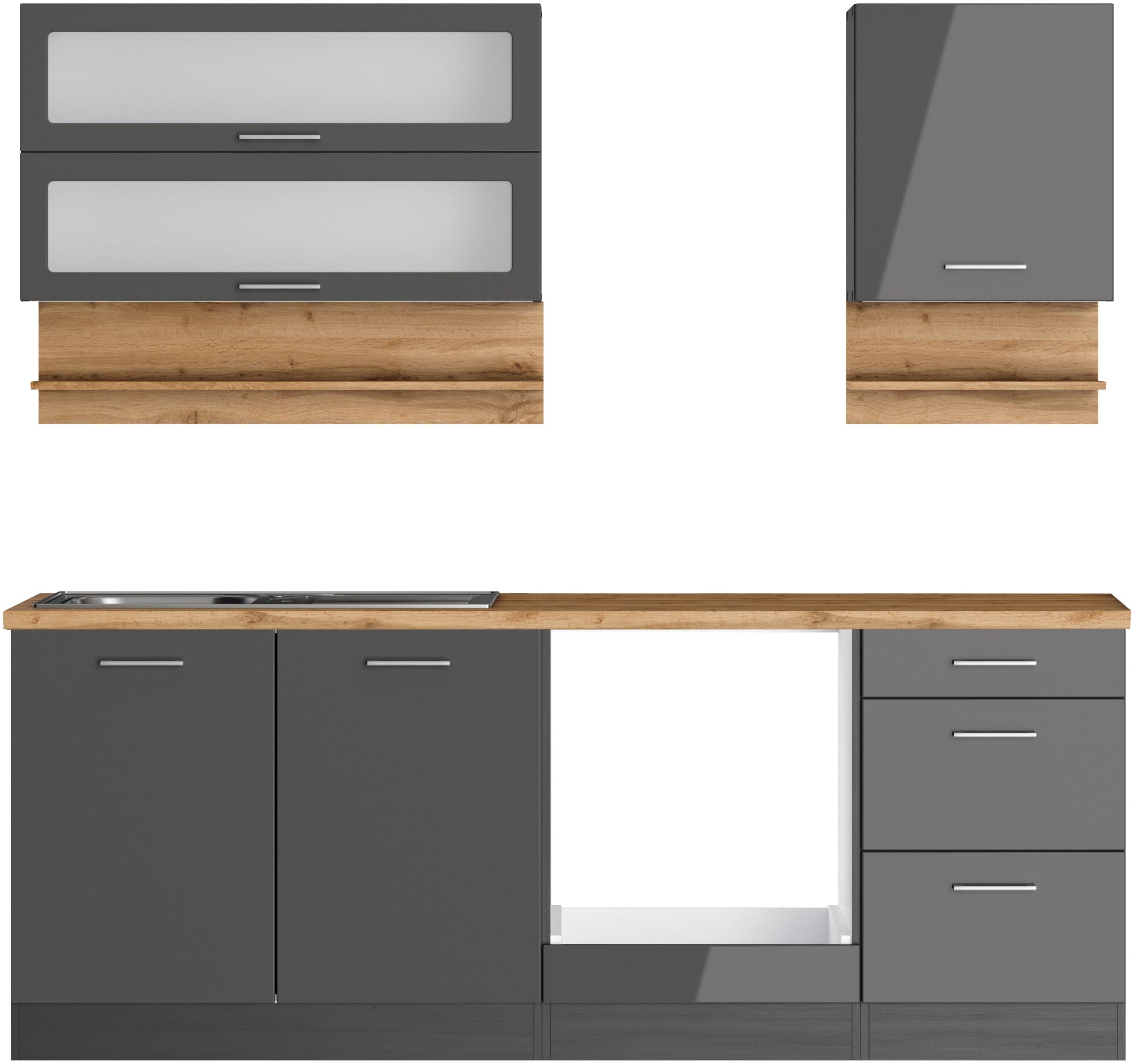 Küchenzeile KOCHSTATION "KS-Milan", grau (küche: grau, front: grau hochglanz, korpus: grafitgrau, arbeitsplatte: wotaneiche), B:210cm H:200cm T:60cm, Komplettküchen-Sets, 210 cm breit, robuste Metallauszüge, viel Stauraum Image
