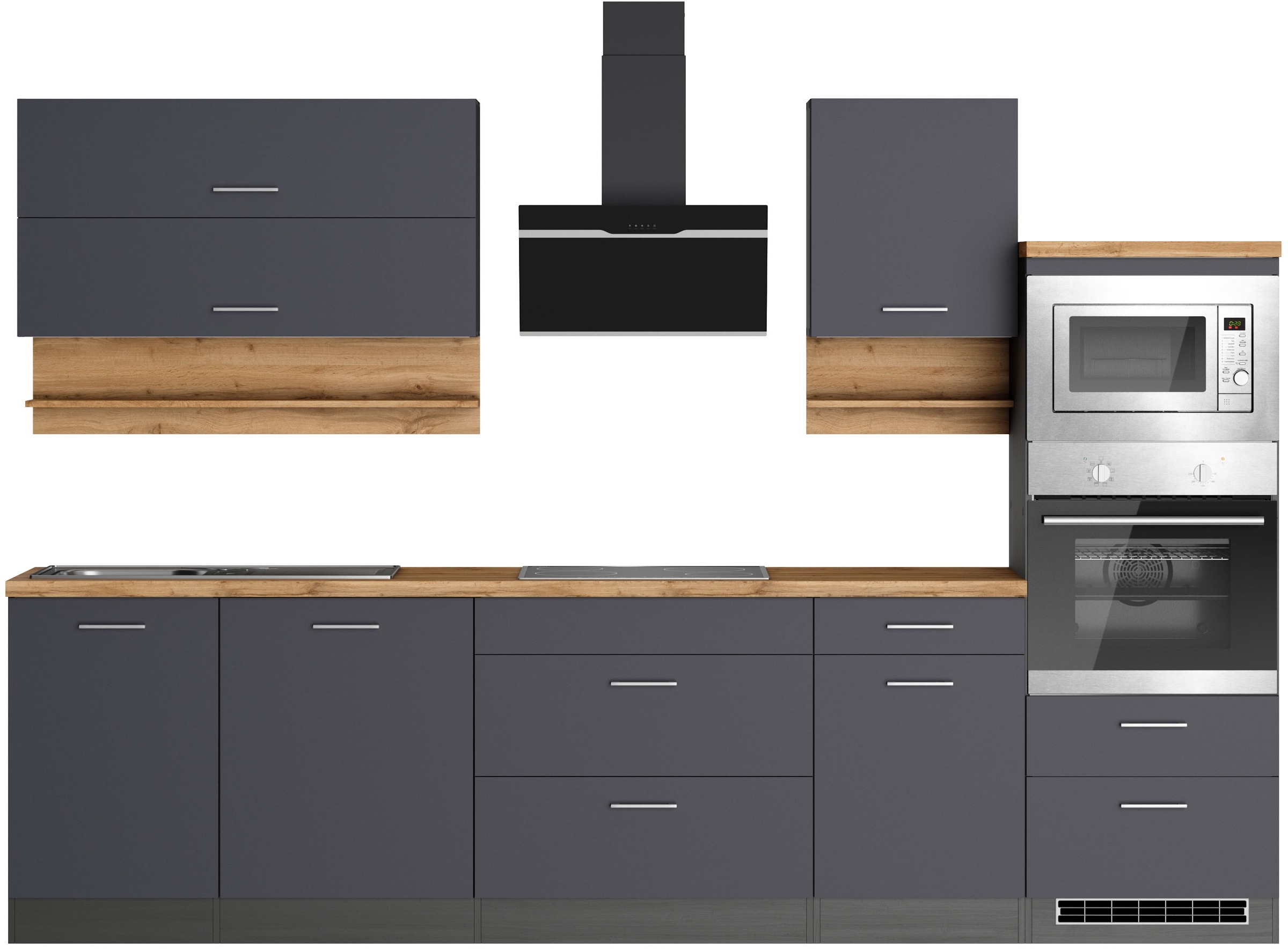 Küchenzeile KOCHSTATION "KS-Milan", grau (küche: grau, front: anthrazit, korpus: grafitgrau, arbeitsplatte: wotaneiche), B:300cm H:200cm T:60cm, Komplettküchen-Sets, 300 cm breit, viel Stauraum, wahlweise mit E-Geräten Image