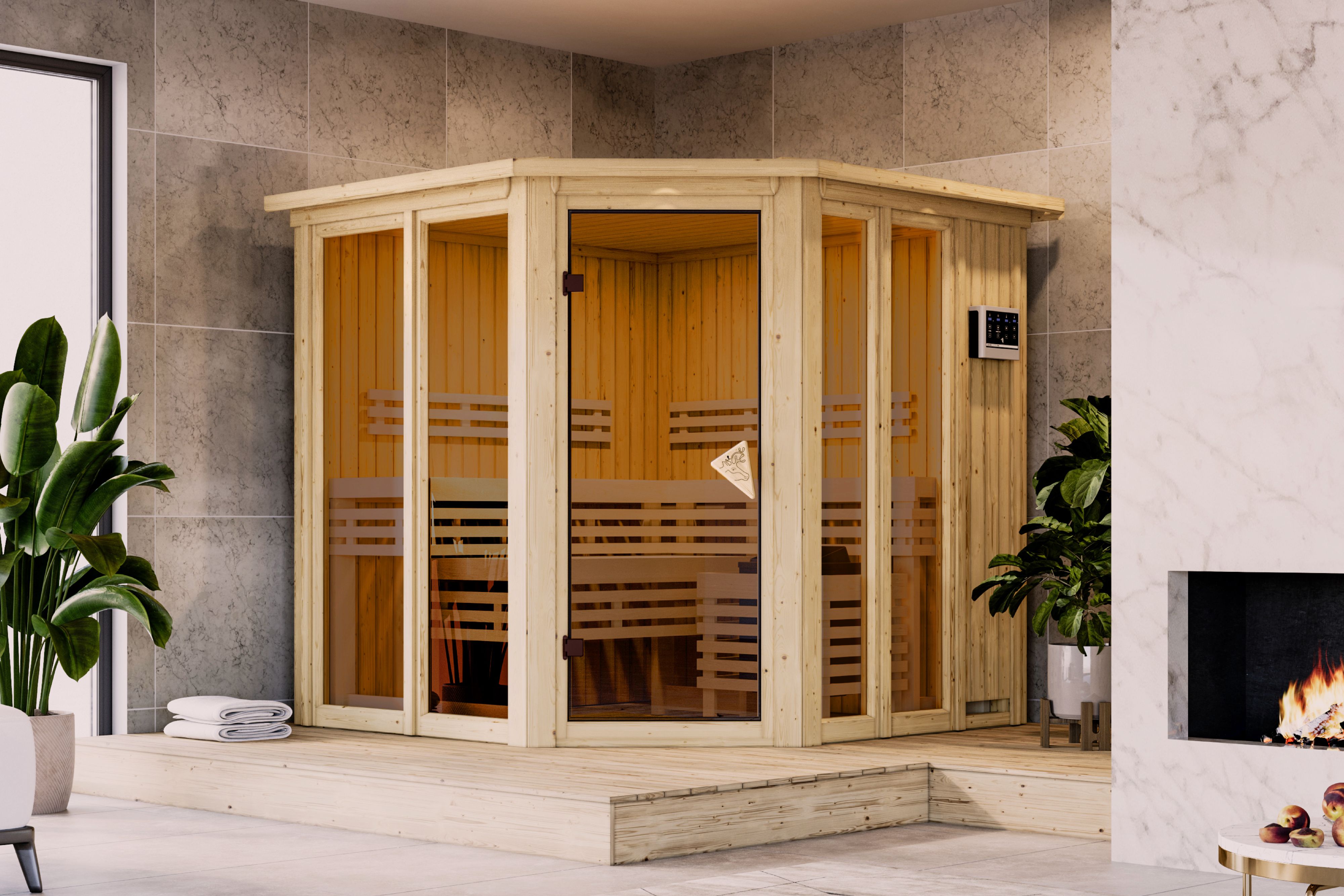Sauna KARIBU "Airia" mit Kranz, naturbelassen", naturbelassen, Bio-Kombiofen, externe Steuerung, 400 kW, Saunen, aus hochwertiger nordischer Fichte Image