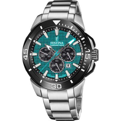 Chronograph FESTINA "Chrono Bike", silber (silberfarben, türkis), Armbanduhren, Herren, Armbanduhr, Quarzuhr, Herrenuhr, Stoppfunktion, Edelstahlarmband Image