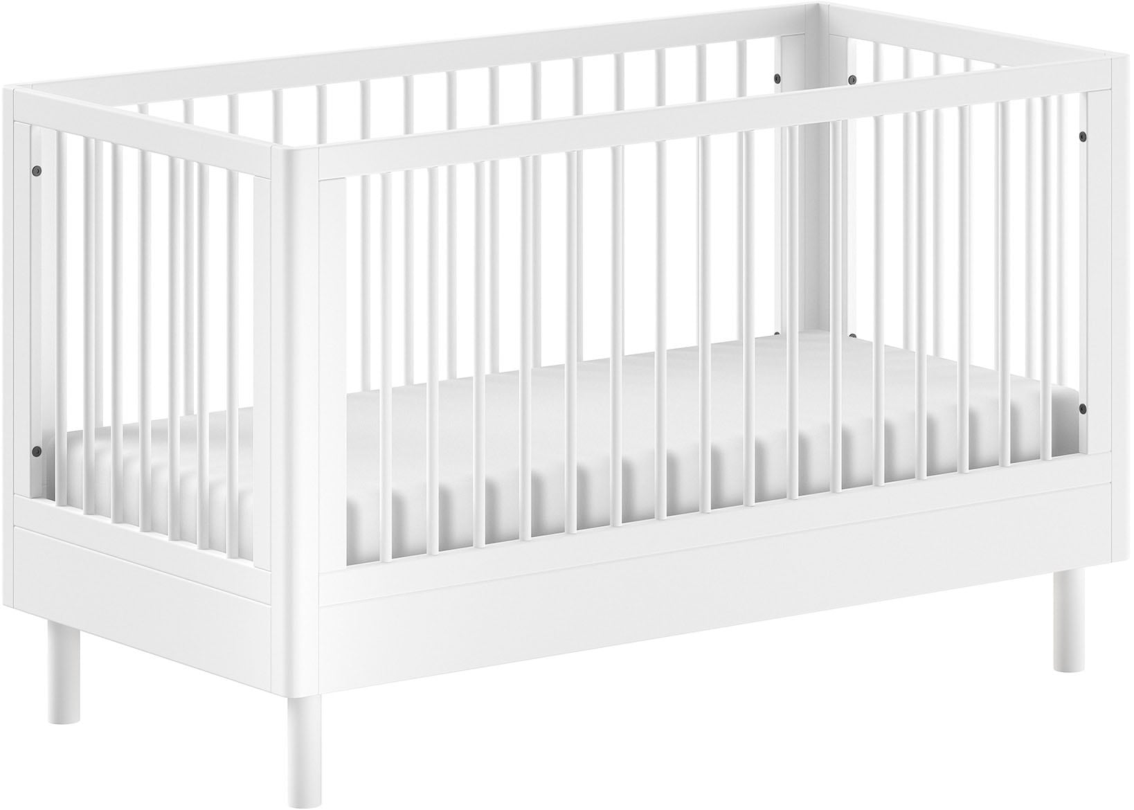 Babybett HOME AFFAIRE "Forrest, aus massiver Buche weiß lackiert, zeitloses Design", weiß (weiß lackiert), H:88cm L:144,4cm T:74cm, Massivholz, Babybetten, 3-fach höhenverstellbarer Lattenrost, sehr stabil gebaut Image