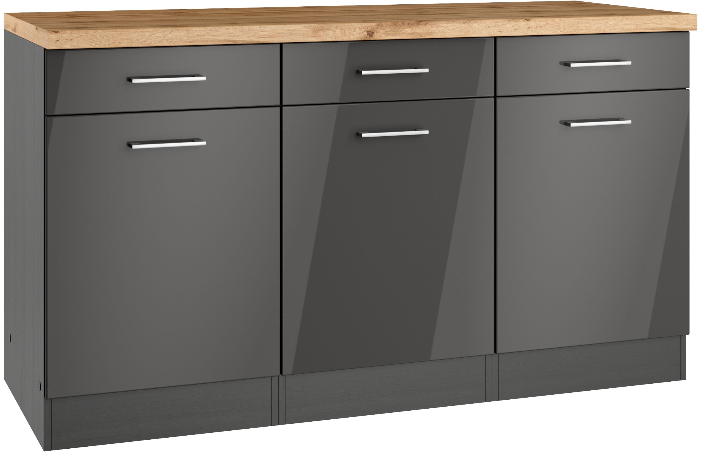 Unterschrank KOCHSTATION "KS-Milan", grau (grau hochglanz), B:150cm H:86cm T:60cm, MDF, Schränke, Unterschrank, Unterschrank 150 cm, matte oder hochglänzende Fronten