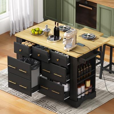 Kitchen Island with 6 Drawers, Pull Out Trash Can Storage, Rolling Kitchen Island with Drop Leaf