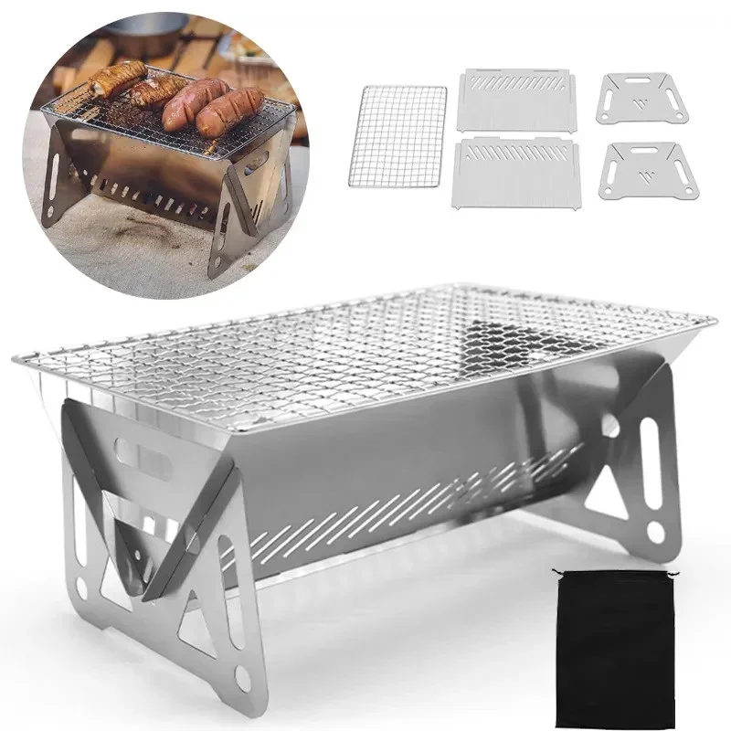 Grill de Barbecue pliant Portable, poêles chauffants, multifonction, Camping, filet de gril, poêle à bois de chauffage, gril de Barbecue en acier inoxydable