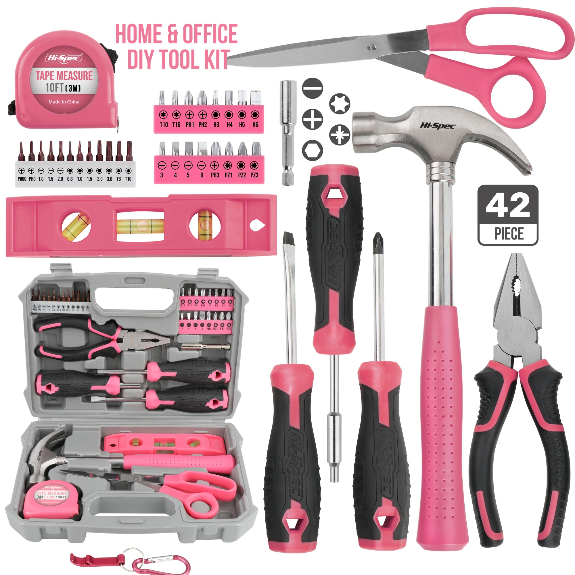 Hi-Spec – ensemble d'outils à main rose 42 pièces, ensemble d'outils de réparation domestique, tournevis, Kit d'outils, ciseaux, marteau à griffes, outils pour usage domestique
