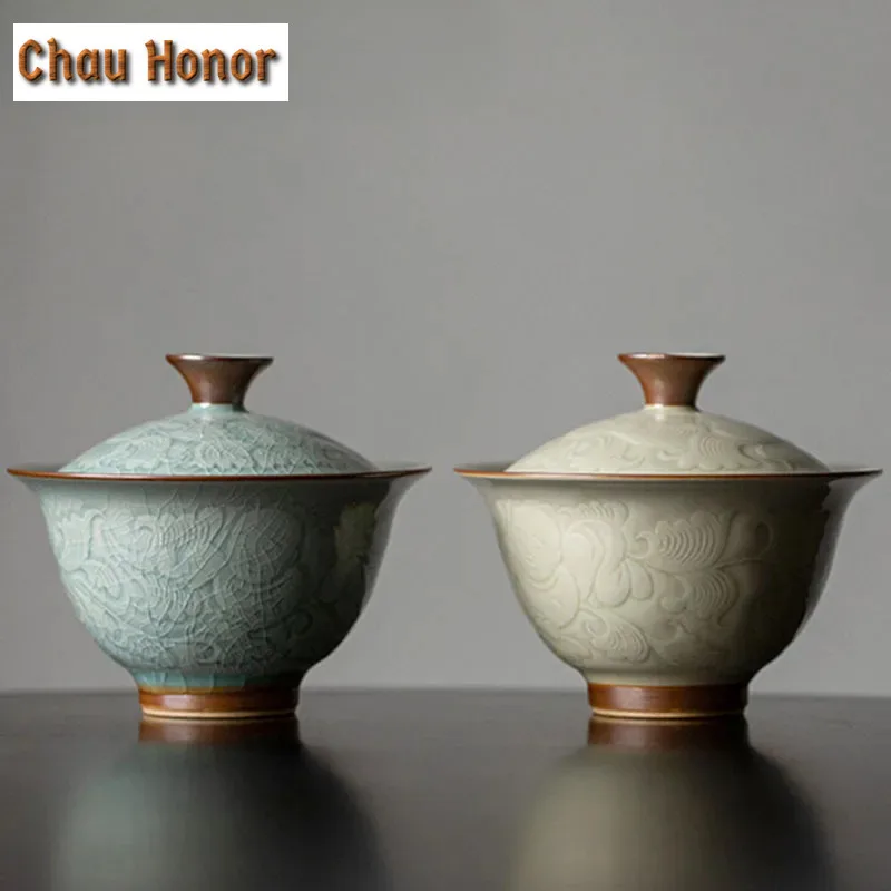 130ml Retro Honey Glaze Ceramic Tea Tureen Embossed Peony Art Tea Maker Boutique Gaiwan Household Kung Fu Tea Tools Accessories