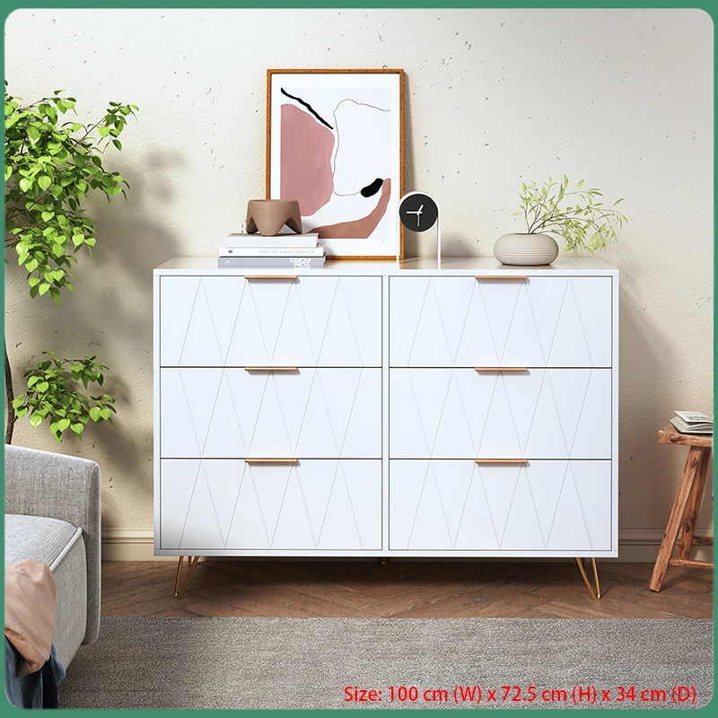 Anajqaqia Schubladenkommode, weiß mit 6 Schubladen, moderner Aufbewahrungsschrank mit Metallbeinen, kreativer MDF-Aufbewahrungsschrank