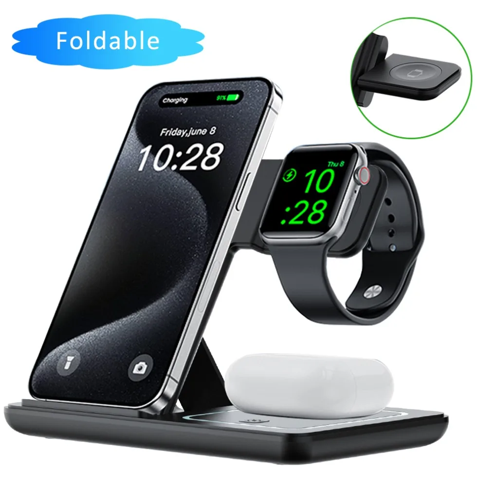 3-in-1-Nacht-LED-Licht, kabelloser Ladeständer für iPhone 16, 15, 14, 13, 12, Apple Watch SE Airpods Pro, zusammenklappbare Schnellladestation Image