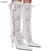 2025 sommer Stiefel Schuhe Frauen Heels Knie Blume Spitze Weibliche Mujer Zipper Glitter Sexy Weiß Hochzeit Schuhe BiG Größe 44