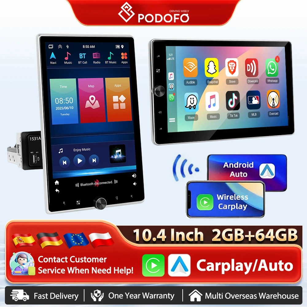 Podofo 10,4" vertikaler drehbarer Bildschirm Android-Autoradio 1 Din 2+64G Wireless Carplay Android Auto GPS 1Din Multimedia Autoradio Image