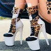 Weiß Braun Leopardenmuster 20 cm Stiefeletten Damen Schwarz Leder Schnürplattform Pole Dance Heels Seitlicher Reißverschluss Sexy Patchwork Schuhe