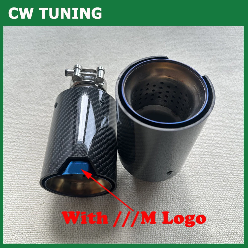 1PCS Auspuff Spitze Endrohr Schalldämpfer Auto Zubehör Glänzend Carbon Faser Blau Edelstahl Mit M Logo Für BMW M leistung Universal