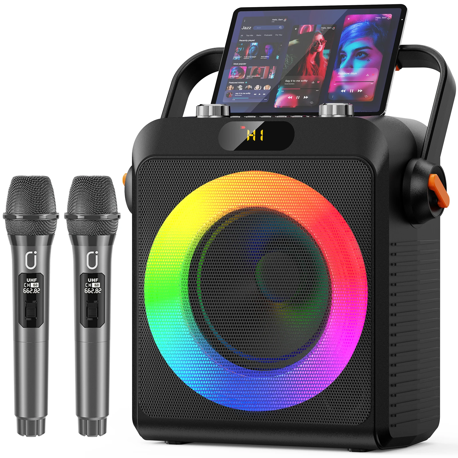 JYX Karaoke-Maschine mit 2 kabellosen Mikrofonen für Erwachsene, Außenbijection, unterstützt TV/AUX/USB/TF-Karte/Live (80 W) Image