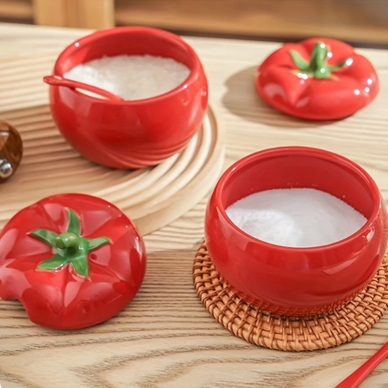 Zuckerdose, Tomate, Keramik, Gewürzglas, Vorratsglas mit Löffel, Küche, Esstisch, Gewürzbehälter, Weihnachten, Zuhause, dekorativ Image