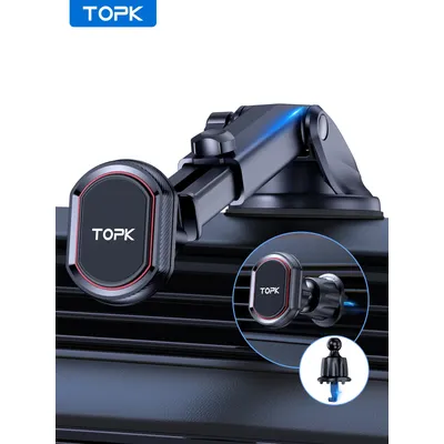 TOPK D37-Z Magnetic Phone Car Mount, 3in1 Phone Holder for Car Air Vent Windshield and Dashboard Adjustable Long Arm Phone Mount