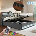 KOMHTOM Letto a molle con spazio contenitore, letto imbottito letto matrimoniale 140 x 200 cm con LED e 2 USB, senza materasso