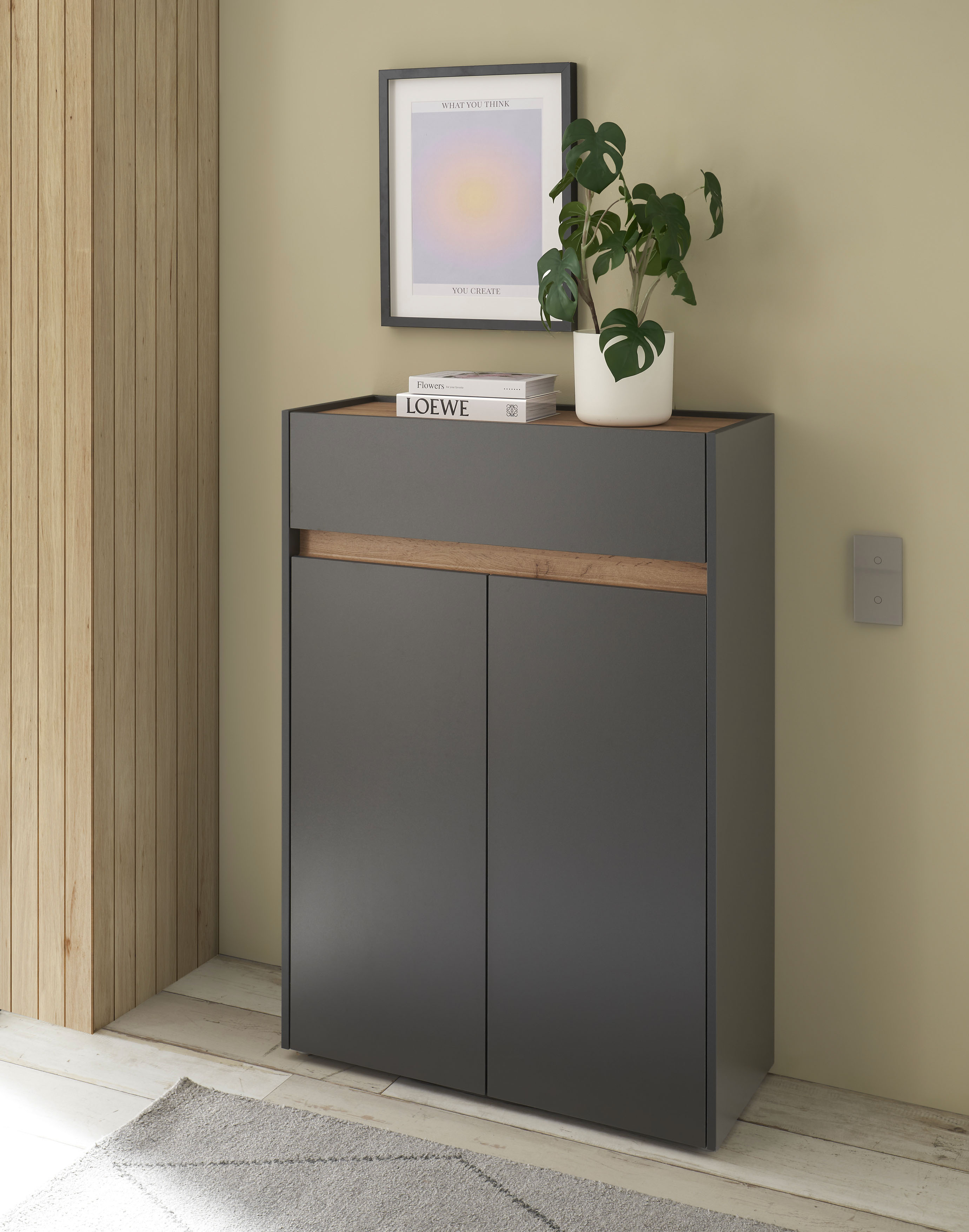 Schuhschrank INOSIGN "City/Giron, modernes Schuhregal, Schrank für 16 Schuhe, Schuhkommode", anthrazit, B:85cm H:122cm T:35cm, FSC-zertifizierter Holzwerkstoff, Schränke, eine Schublade und vier Schuhfächer, viel Stauraum, 93 cm breit Image