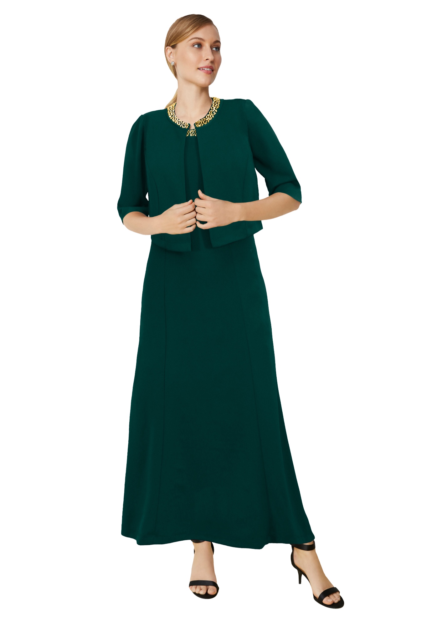 Plus Size Women's 2-Piece Beaded Jacket Dress by Jessica London in Emerald Green Beaded Neck (Size 26 W)