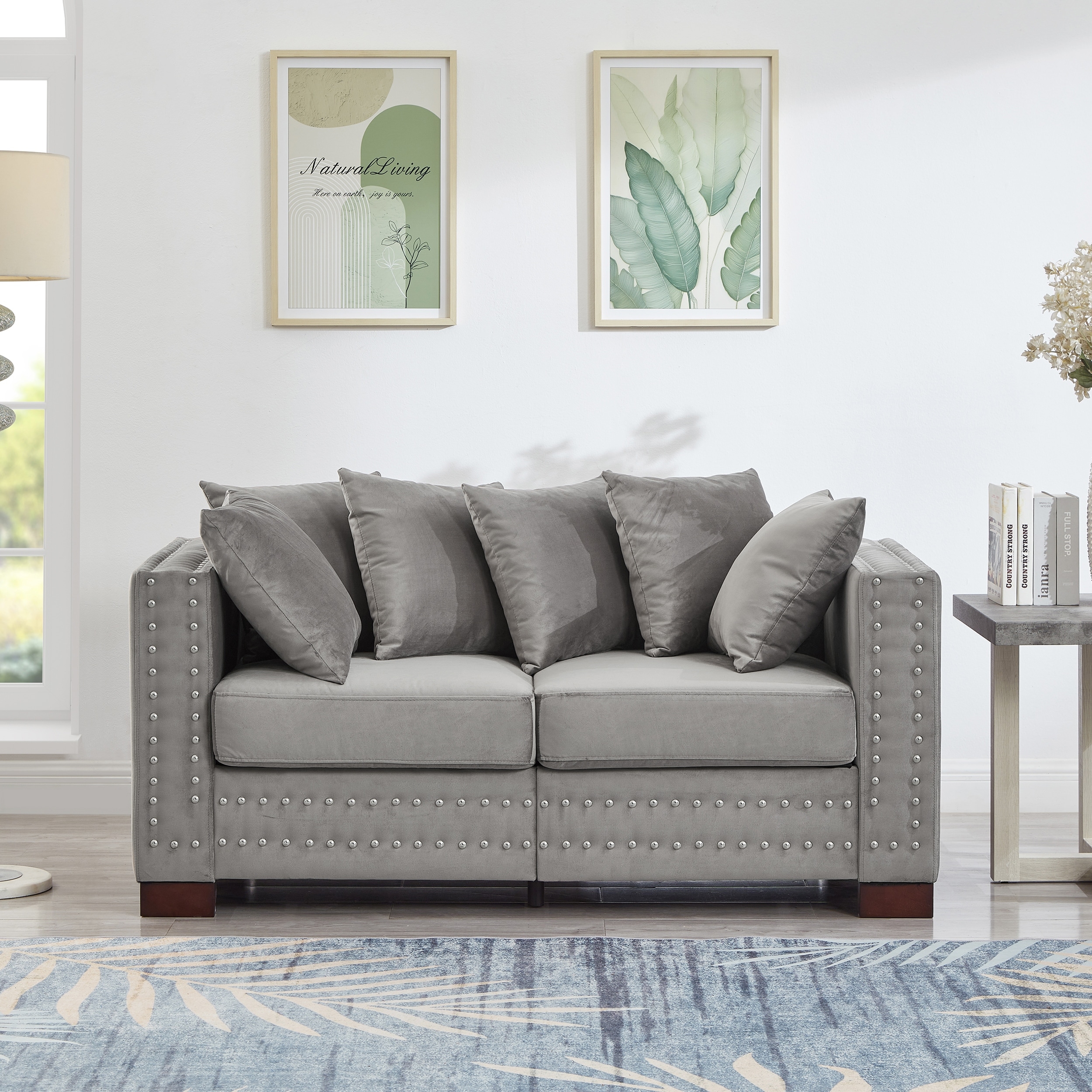 Velvet Loveseat Sofa Deep Seat Storage Couch with Pillows and Square Armrests with Silver Nails Decoration for Living Room