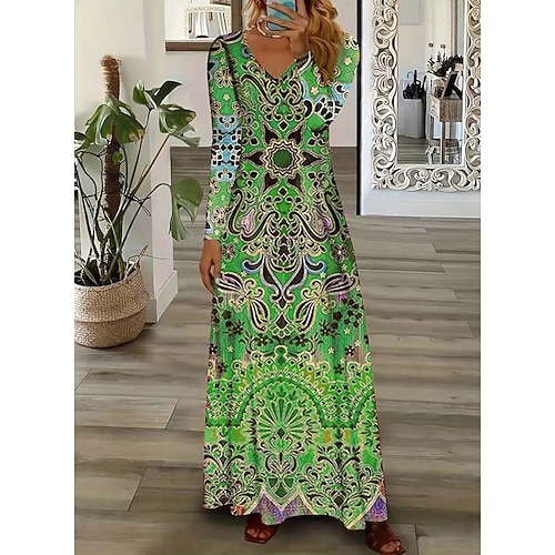 Per donna Abito maxi Tubino Festa Casual Boho Quotidiano Data Uscire Vestibilità regolare Grafico Paisley Manica Lunga Scollo a V Rosa Viola Arancione Verde Primavera Autunno Inverno