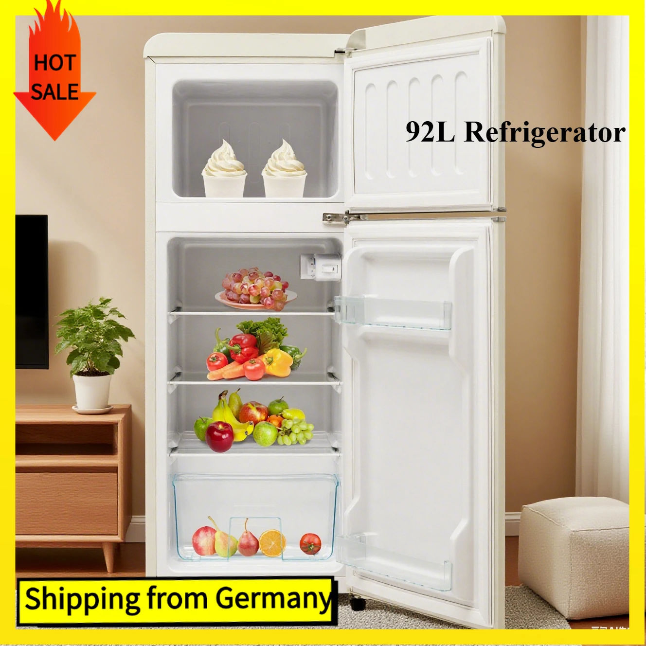 Comanlai 92L Kühlschrank, Kühlschrank-Gefrierschrank-Kombination, mit zweitürigen und LED-Leuchten, 28 Liter Gefrierschrank-Kapazität, [Energieklasse D] Image