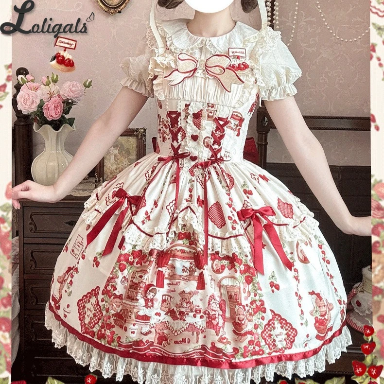 Süßes Lolita-Kleid mit Blumenmuster, lässiges ärmelloses Partykleid ~ Erdbeerbär