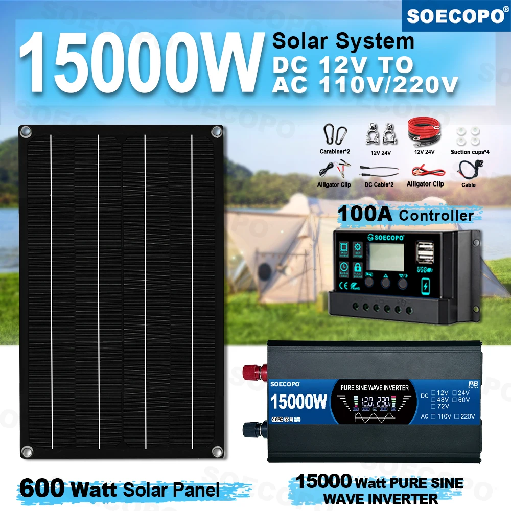 SOECOPO 7000 W Solarsystem-Kit für Zuhause: 600 W Panel, reiner Sinus-Wechselrichter, 2 Steckdosen, 12 V, 110 V/220 V, 100 A Controller Camping Image