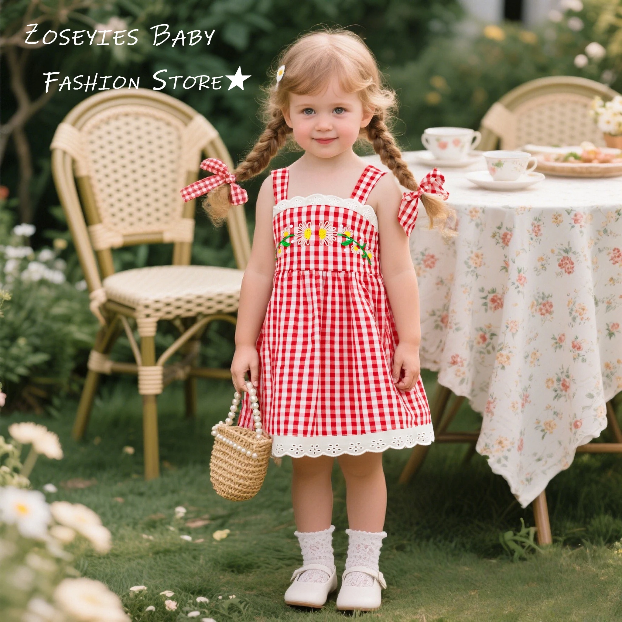 Mädchenkleid Sommer Rot Karierte Baumwolle Trägerloses Baby Mädchen Kleid Niedliche Blume Gesticktes Babykleid Baby Mädchen Kleidung Image
