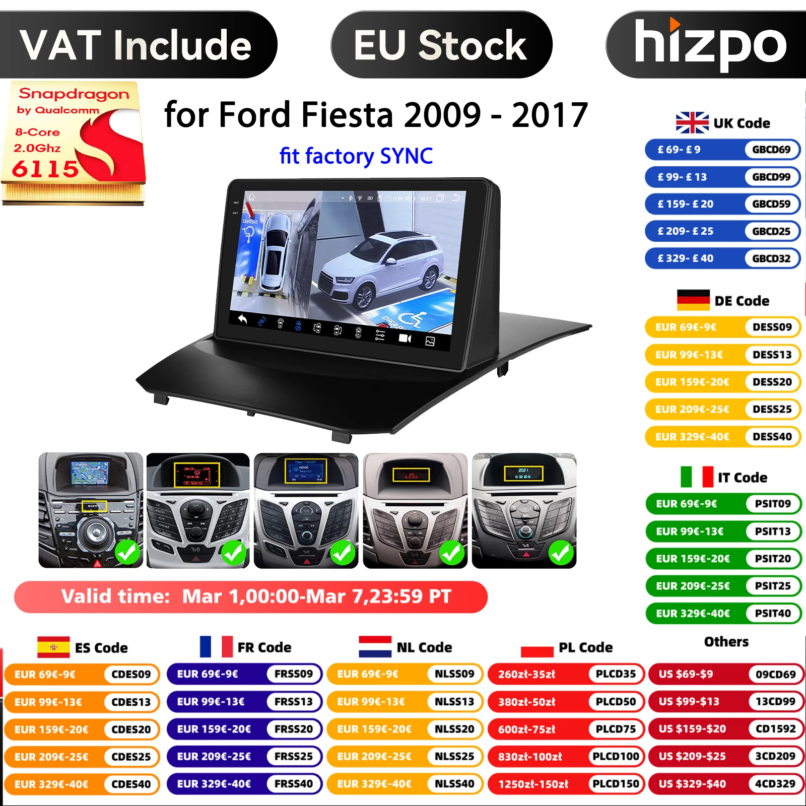 Hizpo Snapdragon Autoradio Carplay Android für Ford Fiesta Mk6 MK7 2008-2019 SYNC Multimedia Video Player Auto Stereo Navi GPS Image