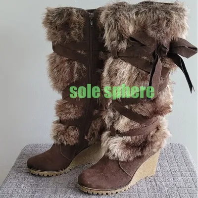 Lady Dark Fur Vintage Style Lace-Up Wedge Heel Knee Boots Warm Suede Brown Footwear Size 34-46 Cowboy Suede Fur Fall Knee Boots