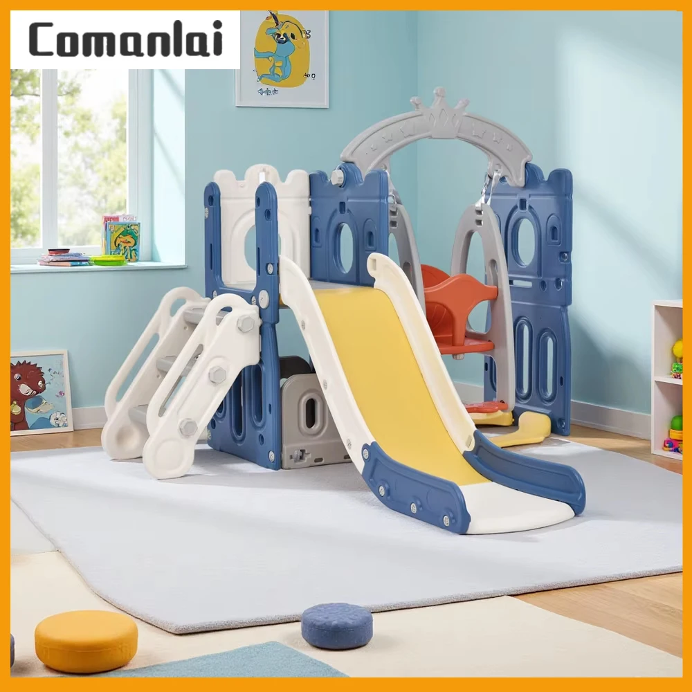 Comanlai 5-in-1-Kinderrutsche für drinnen und draußen, freistehende Schaukelrutsche mit Klettern, Klettern, Basketballrahmen, Blau Image
