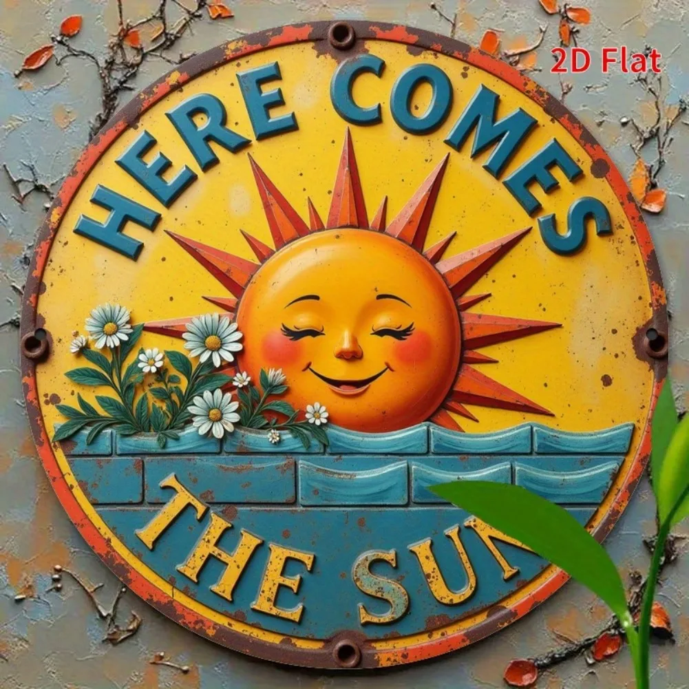 2D-Flachdruck 7,8 x 7,8 Zoll kreisförmiges Metallschild – „Relax and Enjoy, The Sun Is Coming“, Veranda-Terrasse, Heim-Café-Dekoration Image