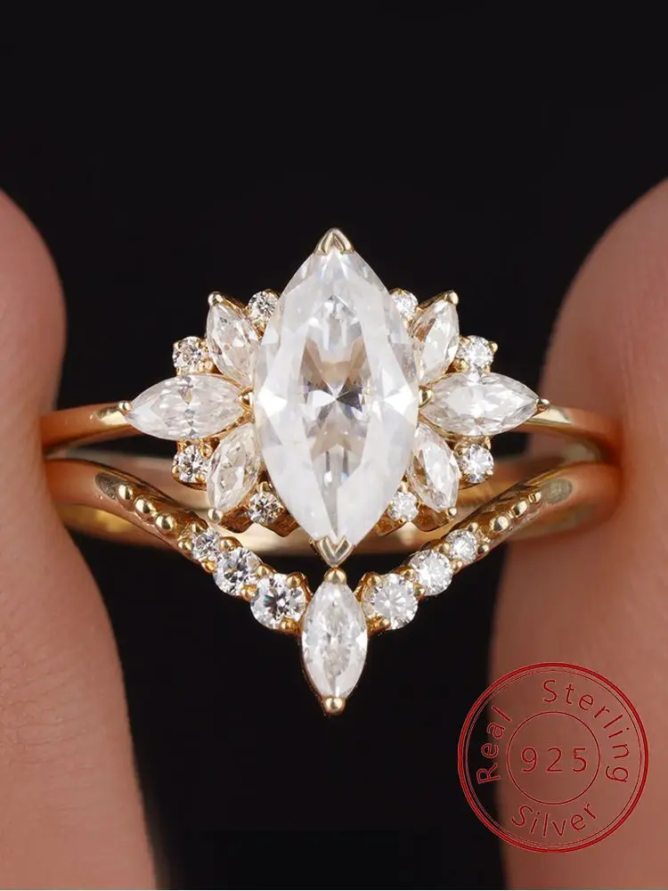 925er Sterlingsilber, brillanter Luxus-Marquise-Zirkon-Ring-Set für Damen, Verlobung, Hochzeit, modisch, hochwertiger edler Schmuck Image