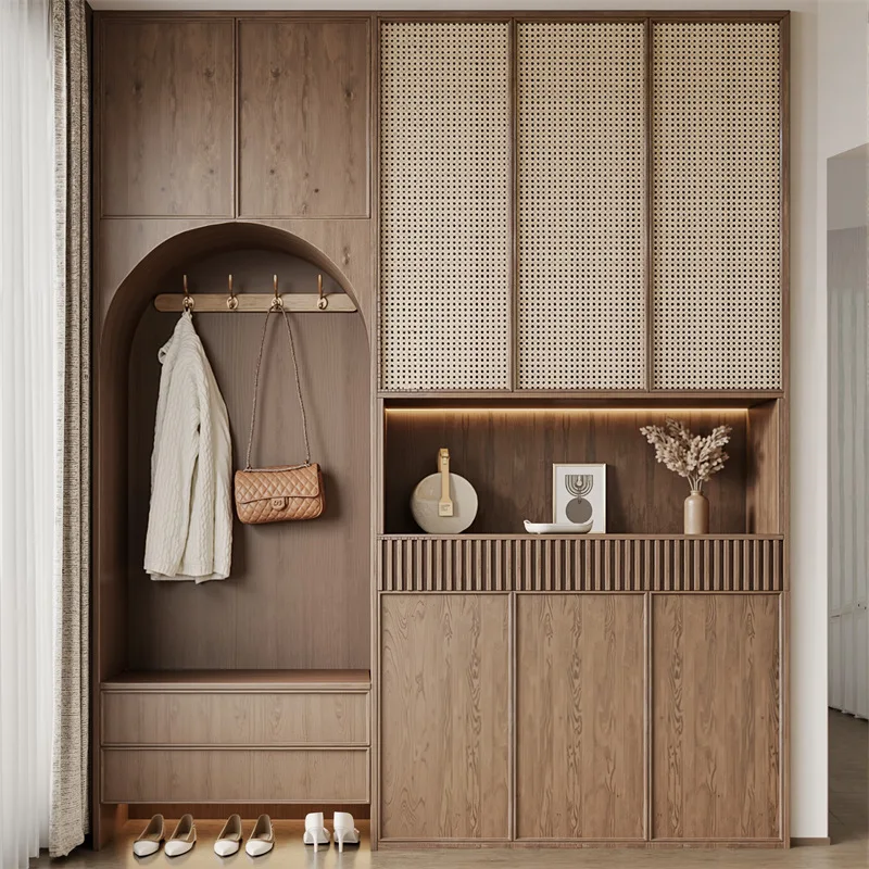 Schuhschrank-Kollektion im mittelalterlichen Stil, integrierter Aufbewahrungsschrank aus Massivholz, großes Fassungsvermögen an der Wand, Staubschrank ENF Image