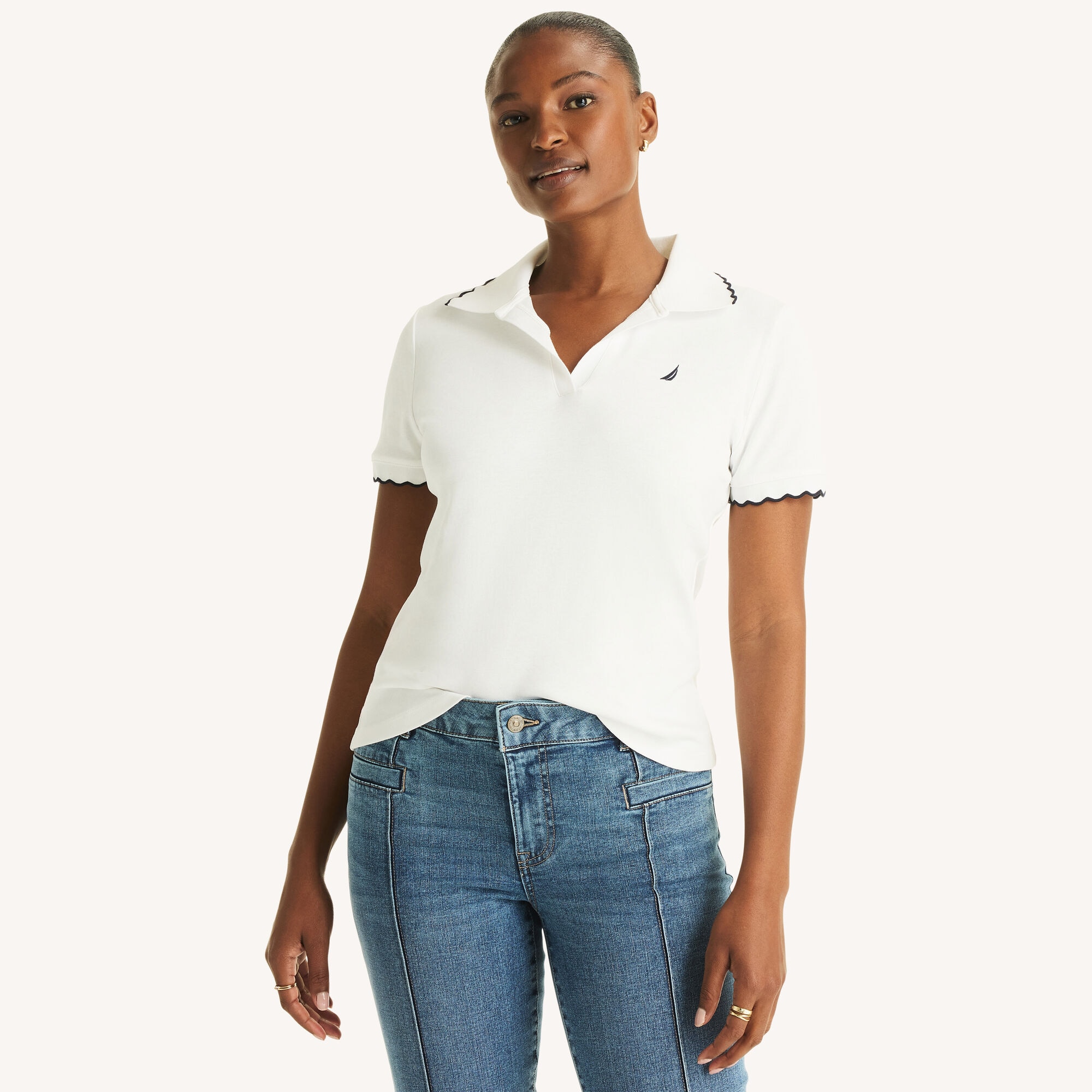 Nautica Women's Scalloped Johnny Collar Polo 101 (Bright White), L