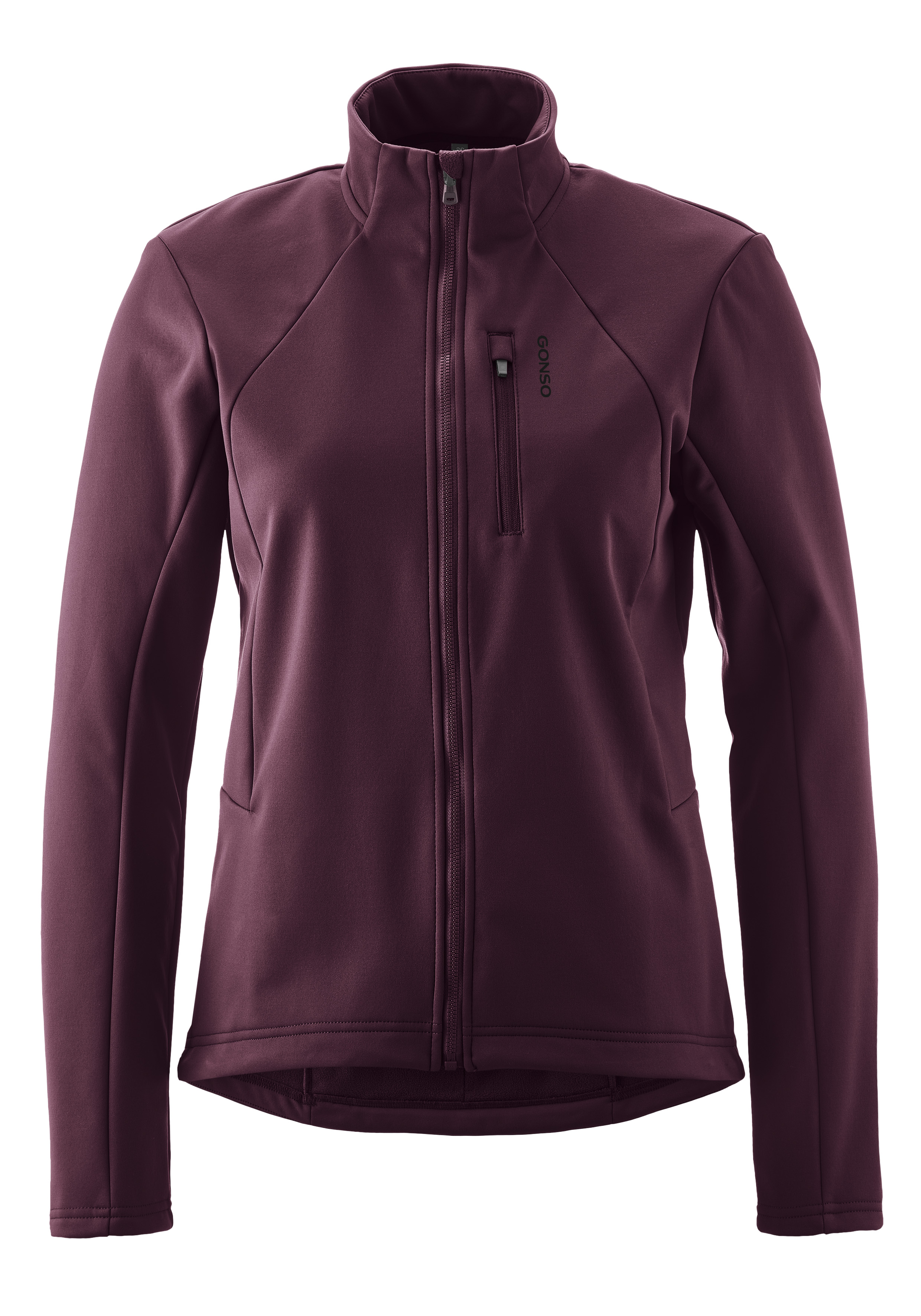 Fahrradjacke GONSO "ADVENTURE JACKET SOFTSHELL W", Damen, Gr. 44, rot (dunkelrot), 100% Polyester, Rundhals, Jacken, Damen Radjacke, atmungsaktiv, Slim Fit Image