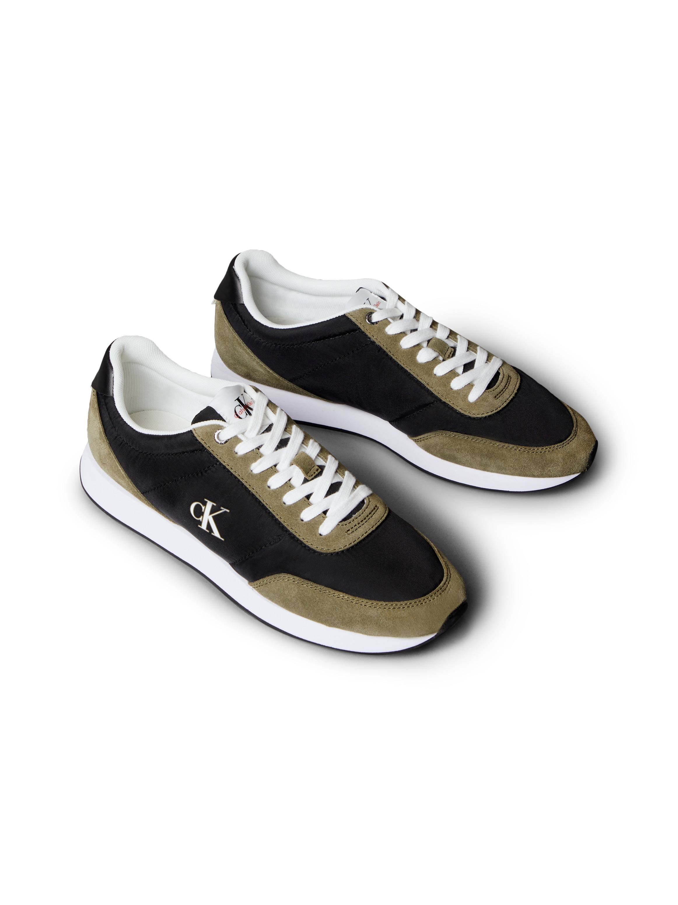 Sneaker CALVIN KLEIN JEANS "RETRO RUNNER ESS MIX MAT", Herren, Gr. 44, schwarz, khaki, Leder, Textil, Schuhe Sneaker, Runner-Sneaker, Freizeitschuh, Halbschuh mit seitlichem CK-Logo