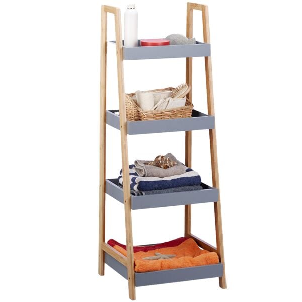relaxdays Badregal Bambus mit 4 Ablageflächen 98 x 36 x 34,5 cm natur/grau braun