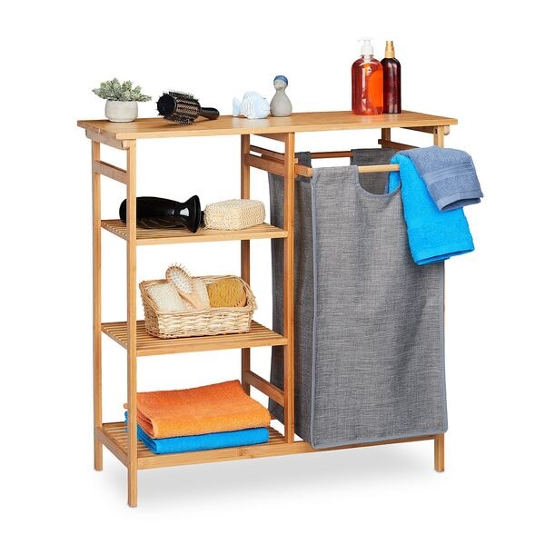 relaxdays Bambus Badregal mit Wäschekorb 80,5 x 80 x 33,5 cm natur/grau braun Image