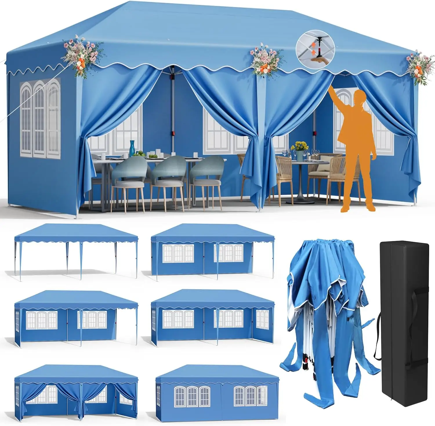 Doppelter Center-Lock Ein-Klick-Falt-Pavillon 3x6m, Gartenpavillon mit 4 Seitenwänden, Outdoor-Partyzelt, Wasserdicht 240D Oxford+PU