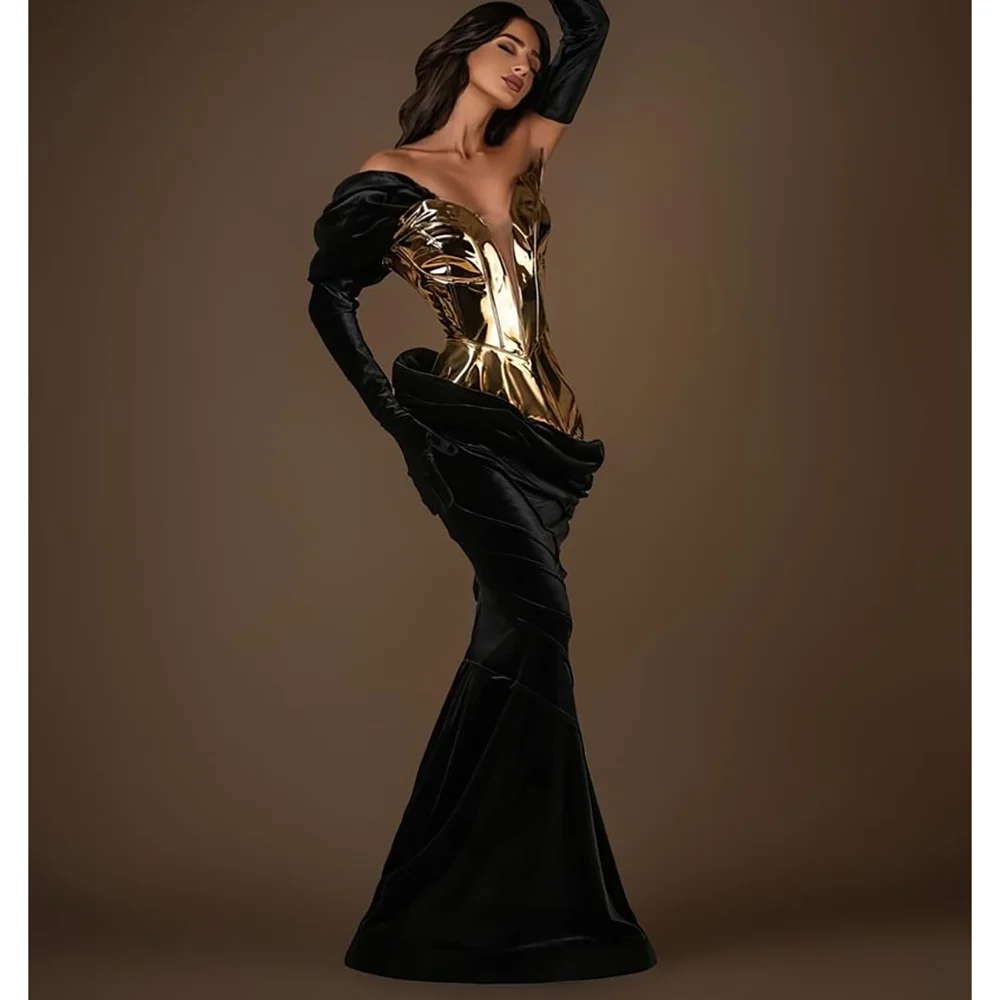 Luxury Golden Black Women Prom Evening Dresses Without Gloves Floor Length Gorgeous Female Cocktail Gowns
