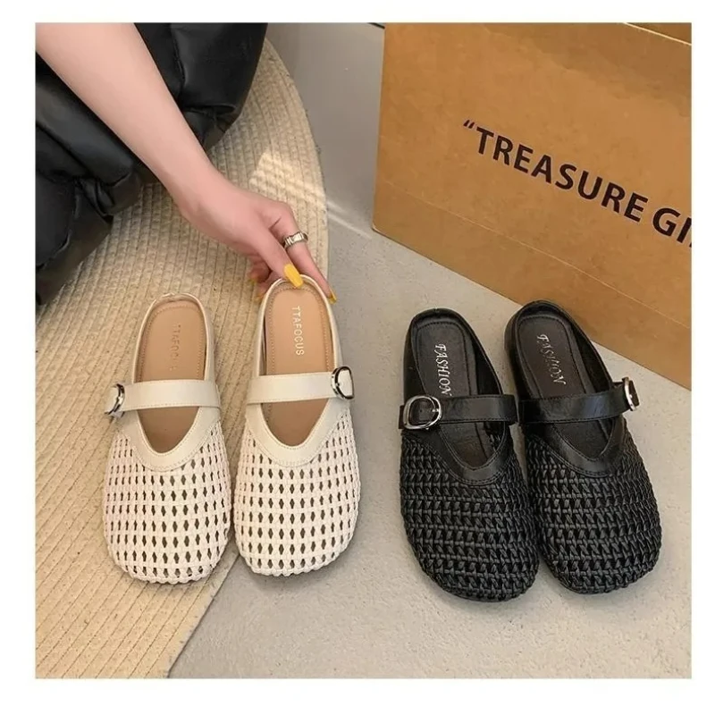 Baotou Halbe Hausschuhe 2025, Sommer, neue Schuhe, Mesh, atmungsaktiv und bequem, flacher Boden, Weben, aushöhlen, Boken-Hausschuhe, Mode