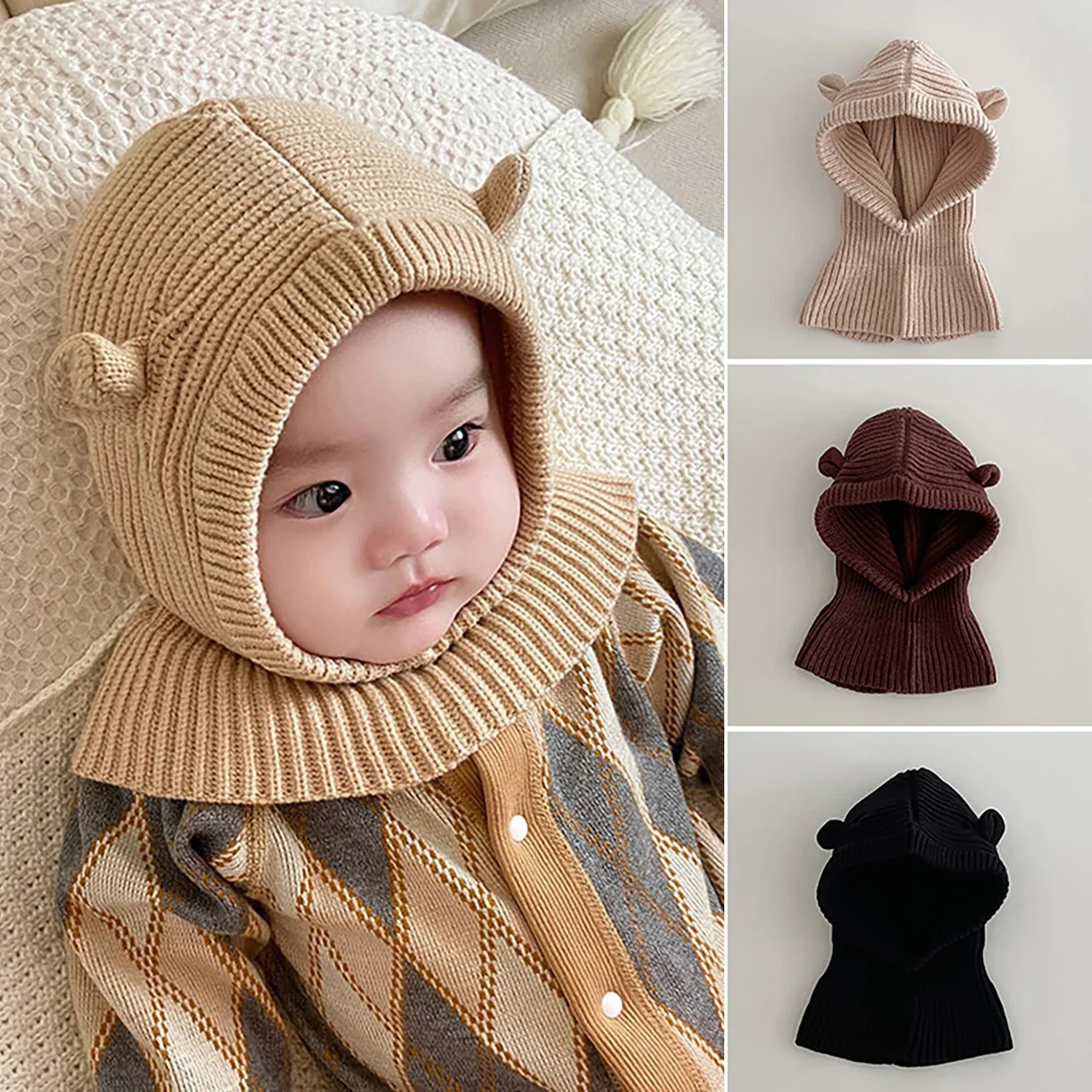 Winter Warme Baby Gehörschutz Kappe Cartoon Ohren Sturmhaube Hut Weiche Stricken Kopfbedeckungen Kinder Mit Kapuze Beanie Halstuch Image