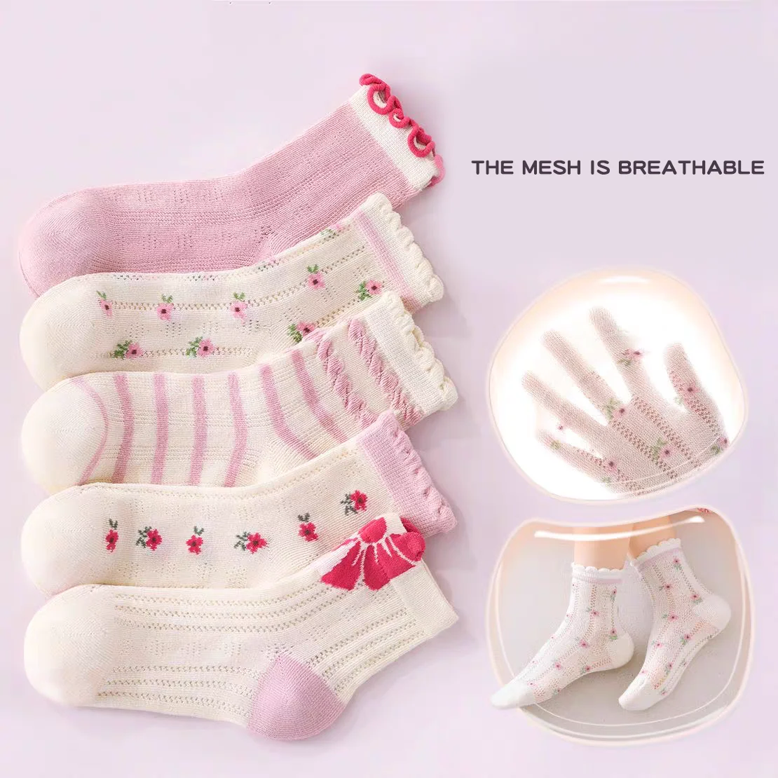 5 Paar Mädchen-Mesh-Socken im koreanischen Stil, weich, atmungsaktiv, hochelastisch, Retro-Landhausstil, Kinderschuhe-Zubehör